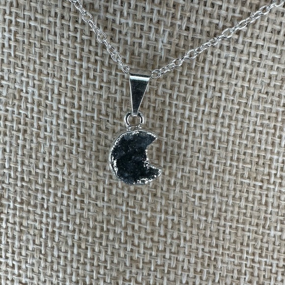 Jewelry - Black/Dark Purple Druzy Amethyst Crescent Moon Pendant on Chain